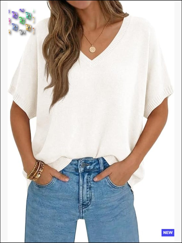 Oversized Batwing Short Sleeve Sweater Lightweight V Neck Casual Summer Knit